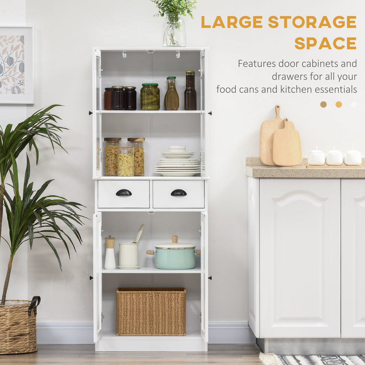 61" Kitchen Pantry Cabinet, Freestanding Farmhouse Buffet Storage Cabinet with Soft Close Glass Doors and Adjustable Shelves, Black