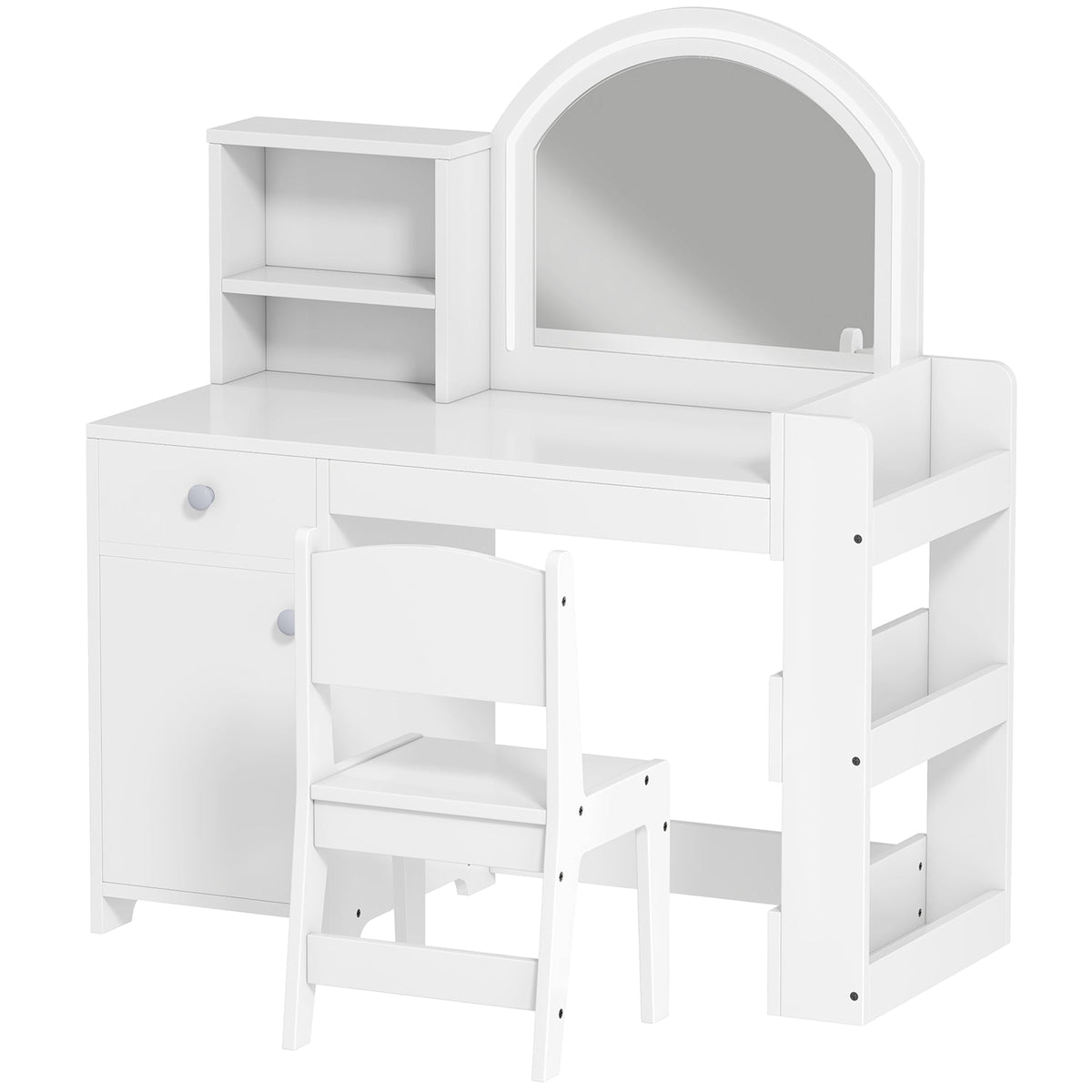 Kids Vanity Set, Toddler Dressing Table and Chair Set with Lighted Mirror, Cabinet, Drawer and Shelves, Pink