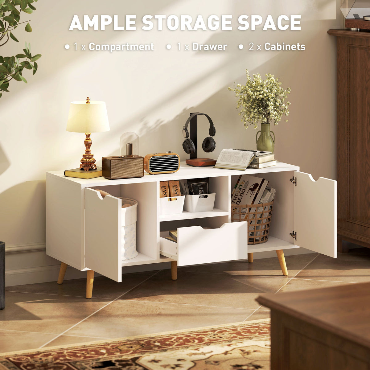 TV Stand with Storage for up to 50" TV, Modern TV Table with Open Shelf, Drawer and 2 Cabinets, White