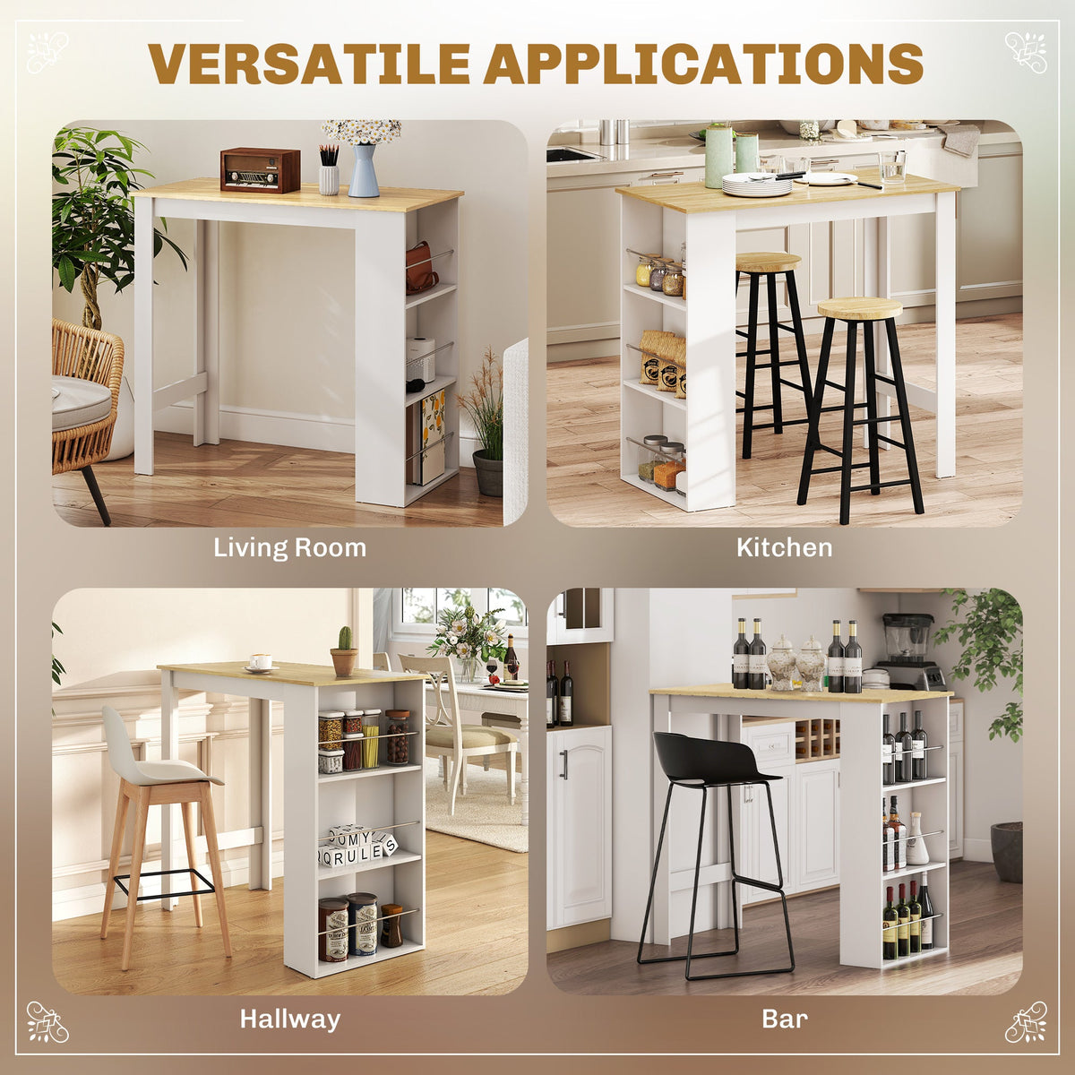 Bar Table Counter Height Dining Table with 3 Storage Shelves for Kitchen, Dining Room, Living Room, Natural
