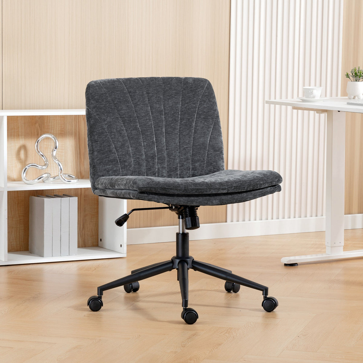 Criss Cross Chair with Wheels, Wide Office Chair with No Arms, Adjustable Height, Tilting, Beige