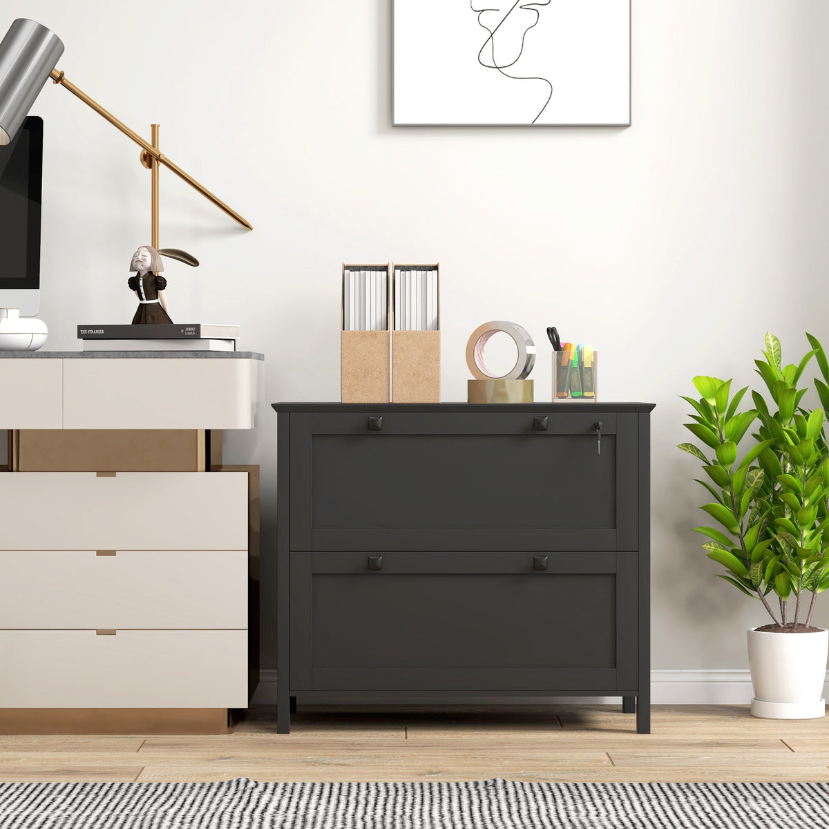 2 Drawer File Cabinet, Lockable Filing Cabinet with Adjustable Hanging Bar for Letter, A4 and Legal Size, Black