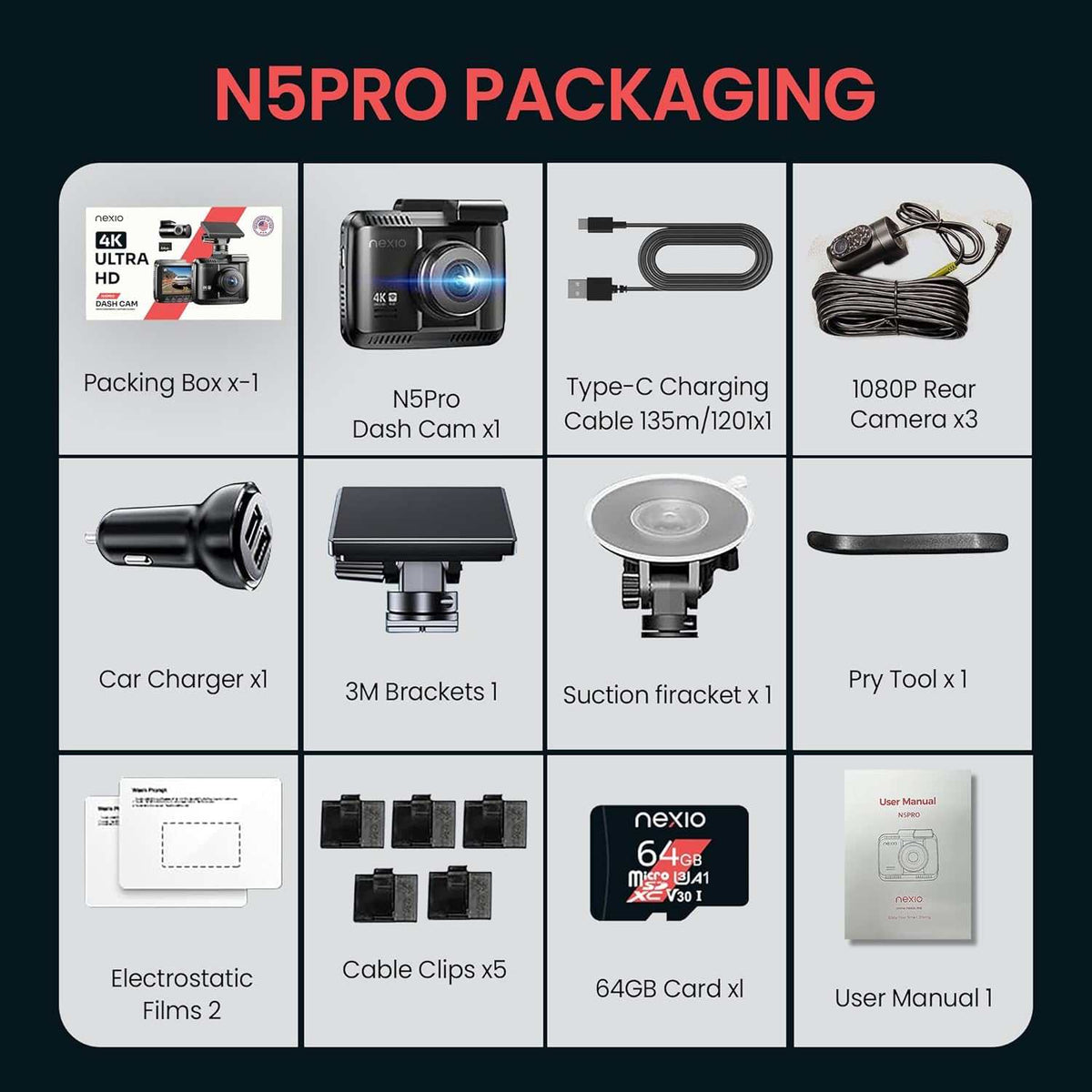 Nexio 4K Front and Rear Dash cam Sony Starvis lense WiFi GPS Builtin 64GB Inc ADAS built-in