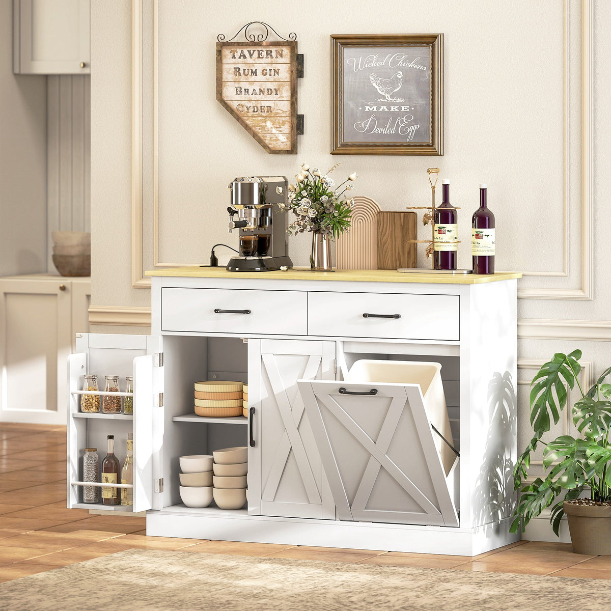 7 Gallon Tilt Out Garbage Cabinet, Kitchen Island with Charging Station, 2 Drawers, 4 Door Racks, Black