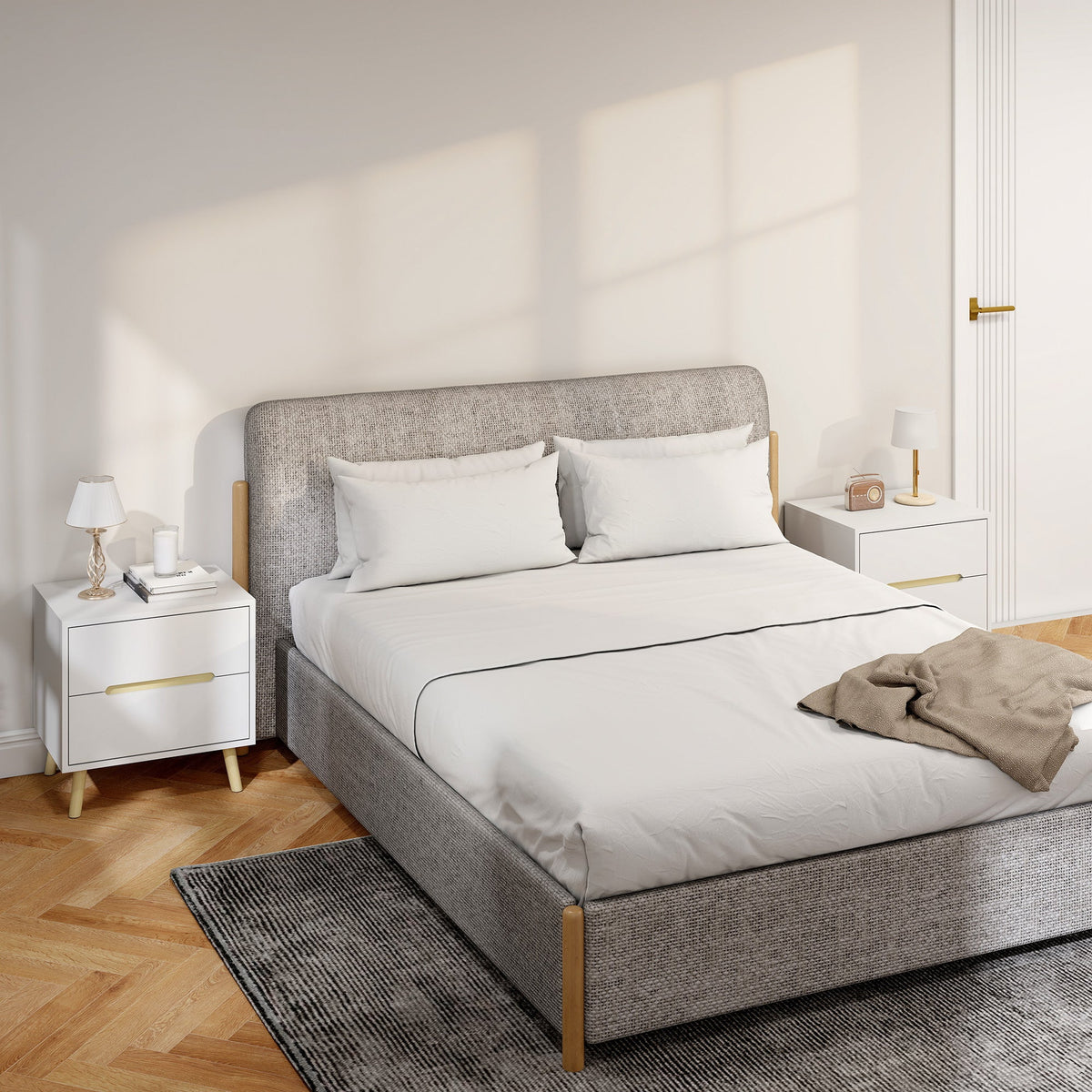 Nightstand, Bedside Table with 2 Drawers, Modern Side End Table with Solid Wood Legs for Bedroom, White