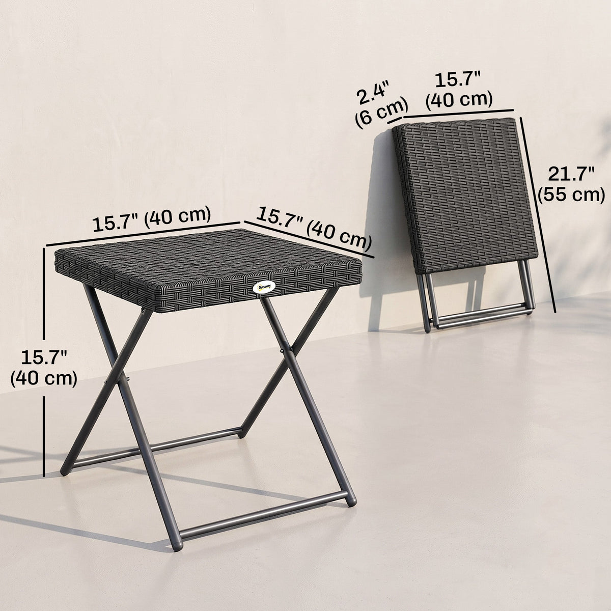 Rattan Coffee Table Folding Patio Outdoor Side Table Wicker for Balcony, Porch, Poolside, 15.75"x15.75"x15.75", Grey