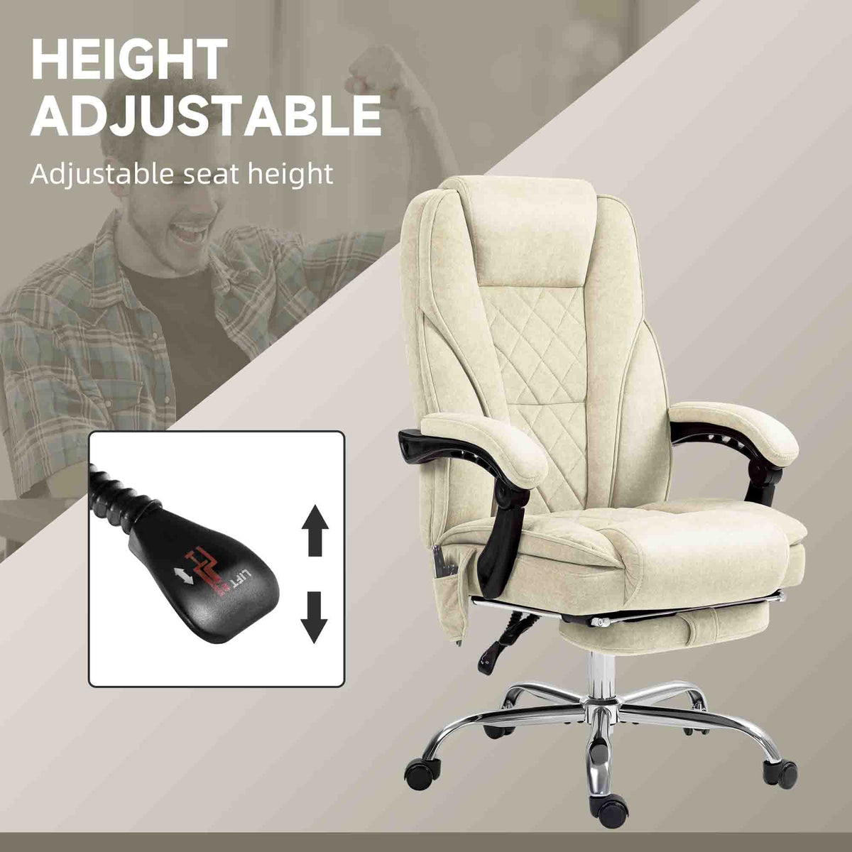 Massage Office Chair, Reclining Computer Chair with Adjustable Height and Footrest, Beige
