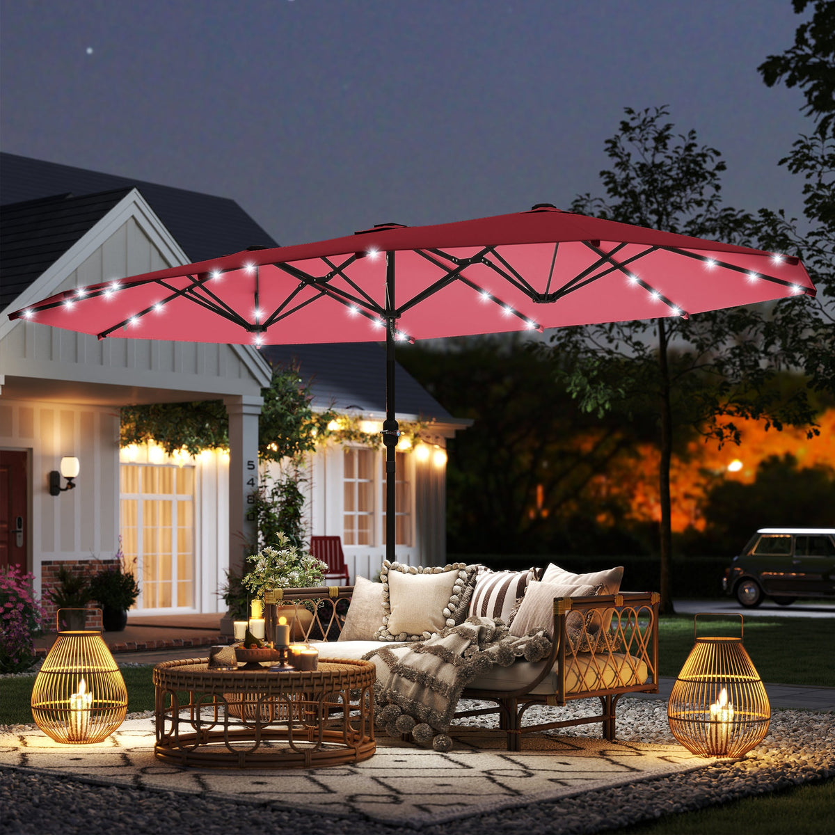 174" Double-Sided Sun Umbrella Garden Parasol Patio Sun Shade Outdoor with LED Solar Light, Khaki