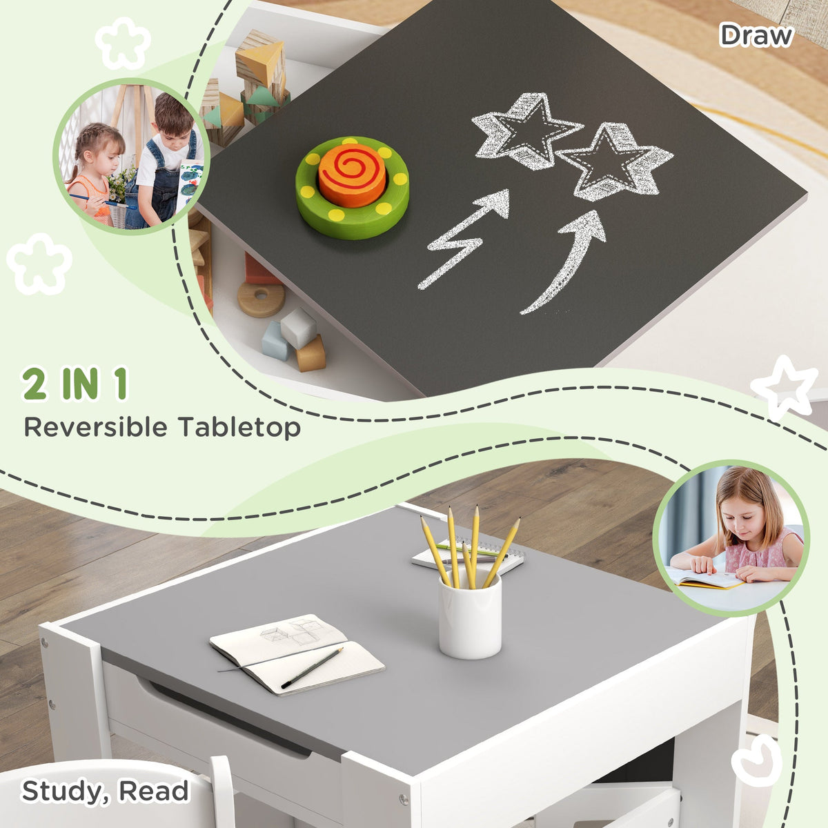 3 Piece Kids Table and Chair Set with Reversible Tabletop, Blackboard, Storage, Bookshelf, for Playroom, Nursery, Grey