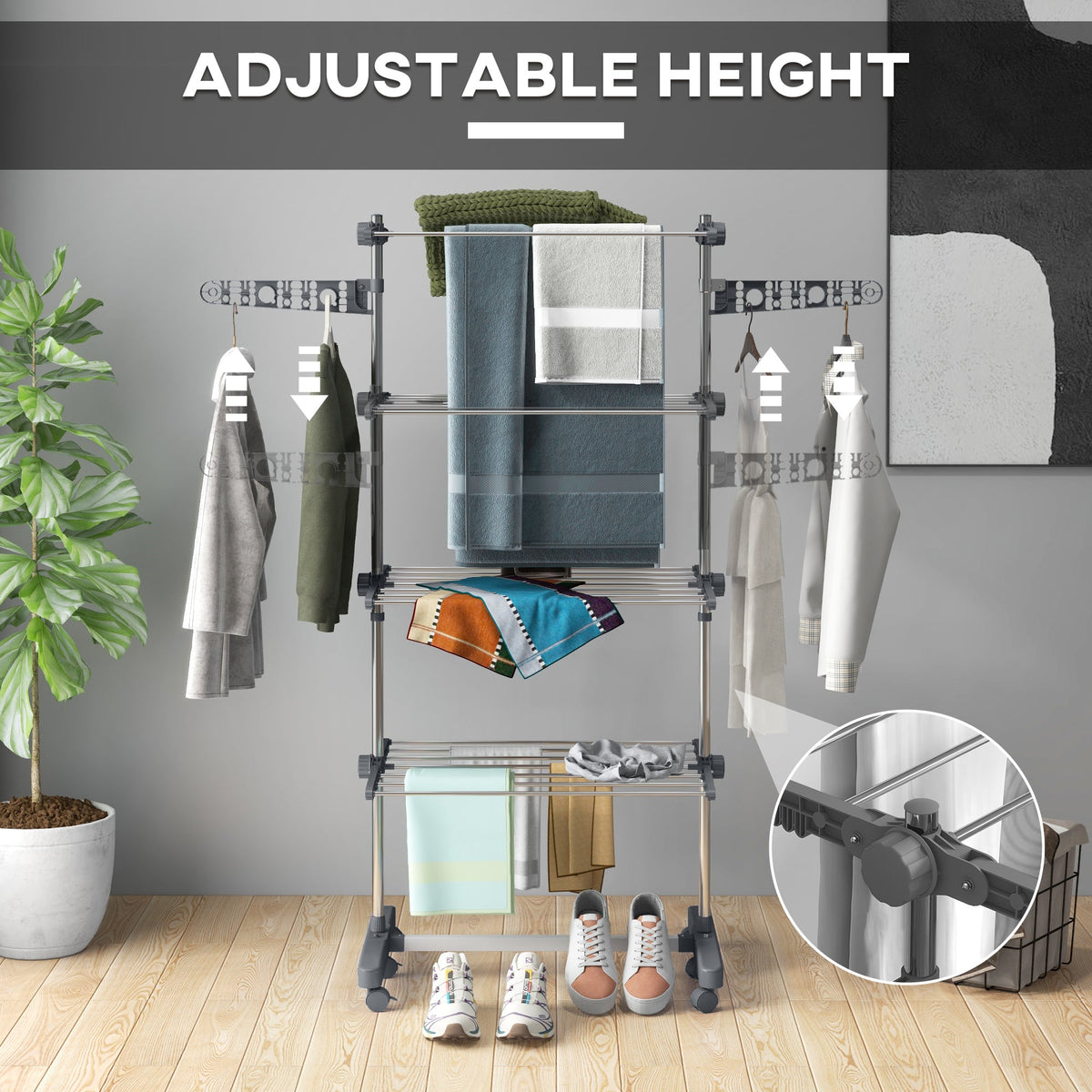 Garment Drying Rack Stainless Steel Folding Clothes Hanging Rack with Side Wings Castors for Indoor Outdoor Black