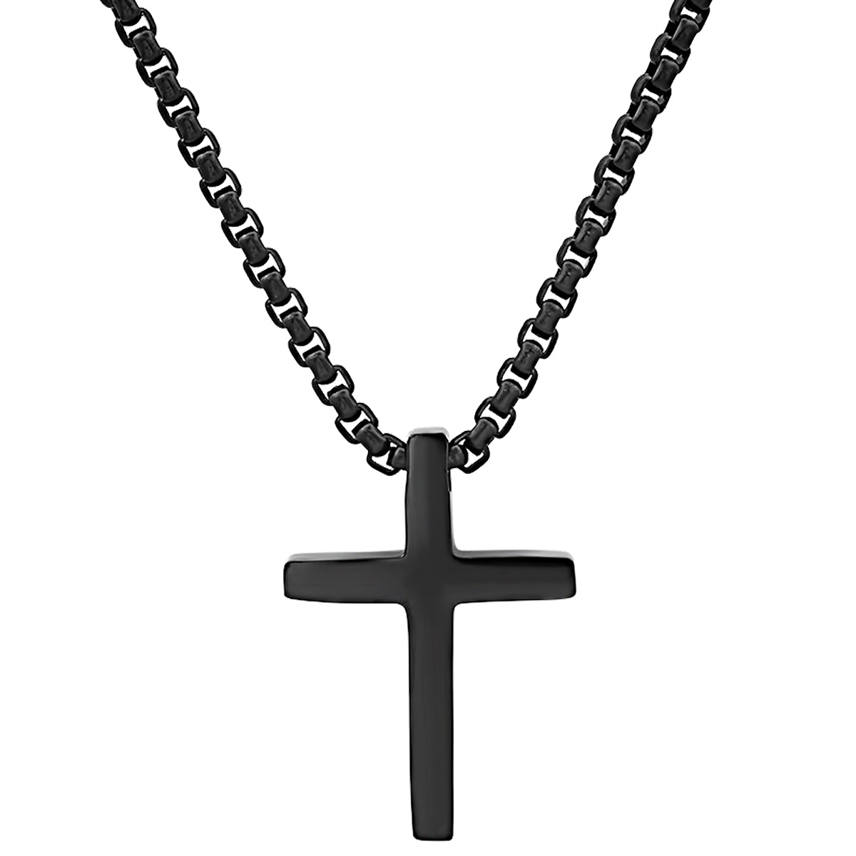 Men's Black Steel Cross Pendant Necklace Box Chain Biker Jewelry