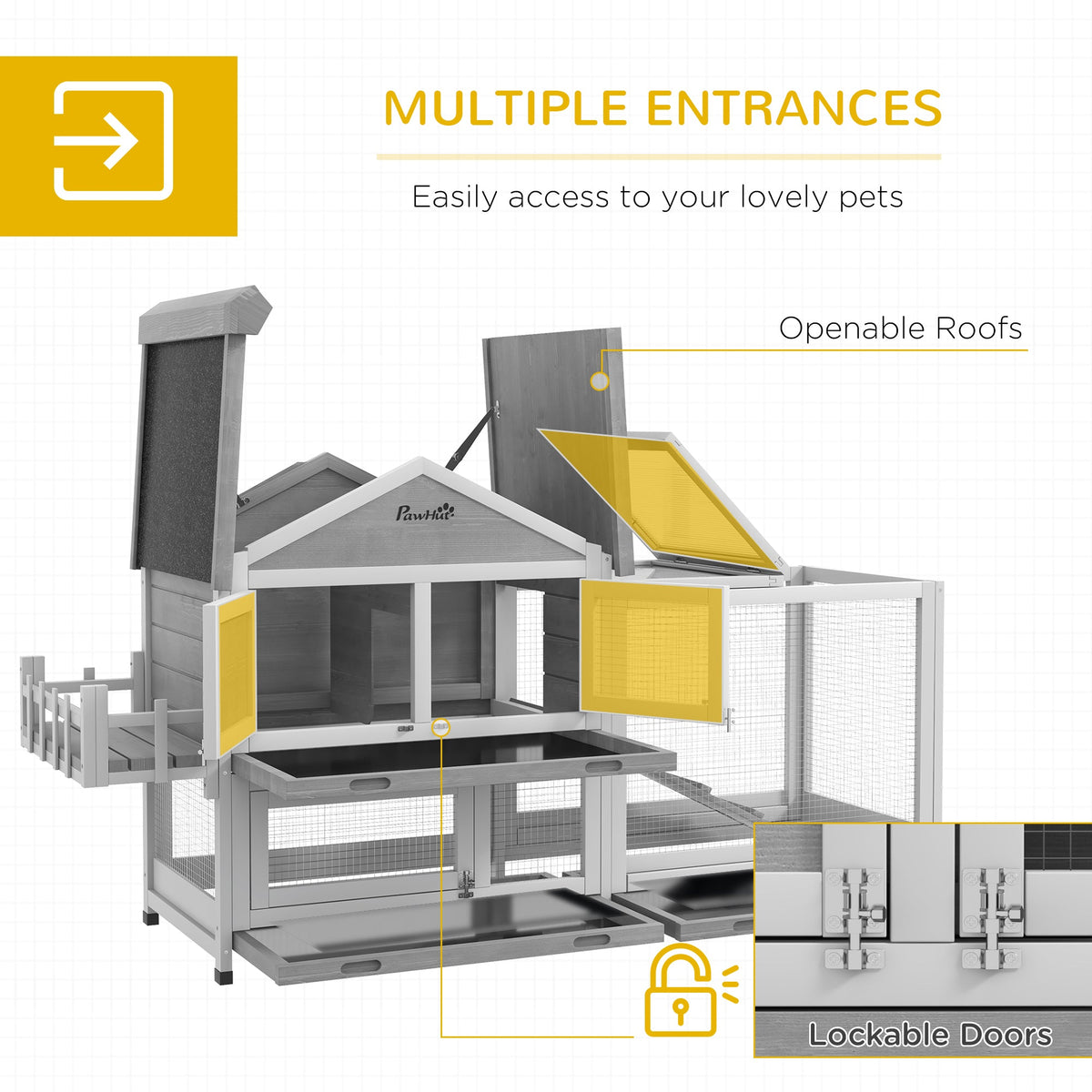 65" Wooden Rabbit Hutch, Pet Playpen with Openable Roof, Storage Box, for Rabbits and Small Animals, Dark Grey