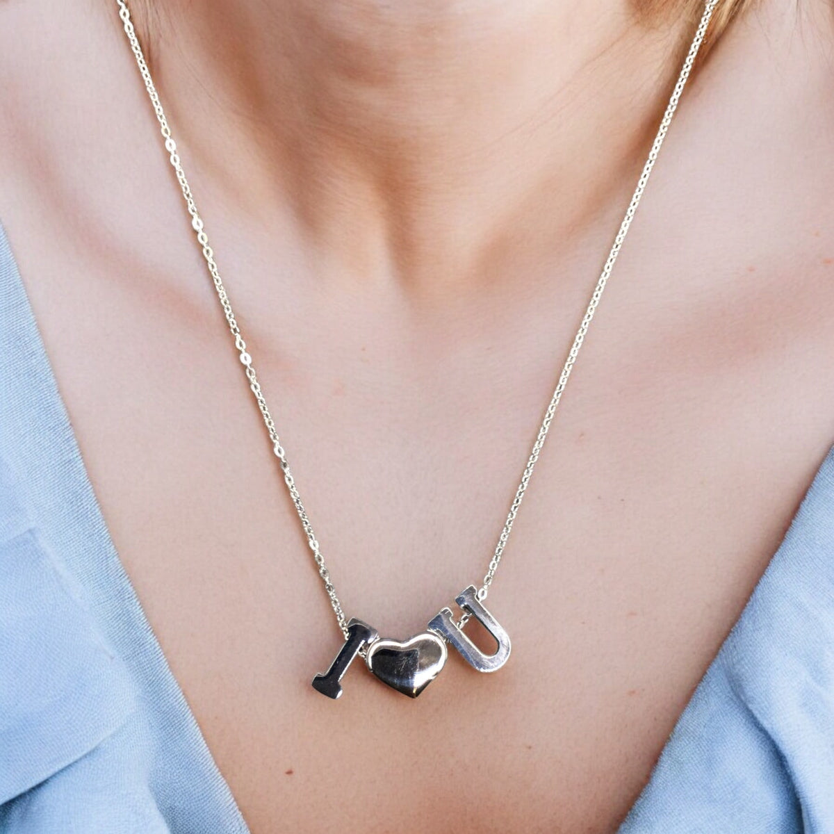 I Love U Stainless Steel Necklace Pendants With Long Chain