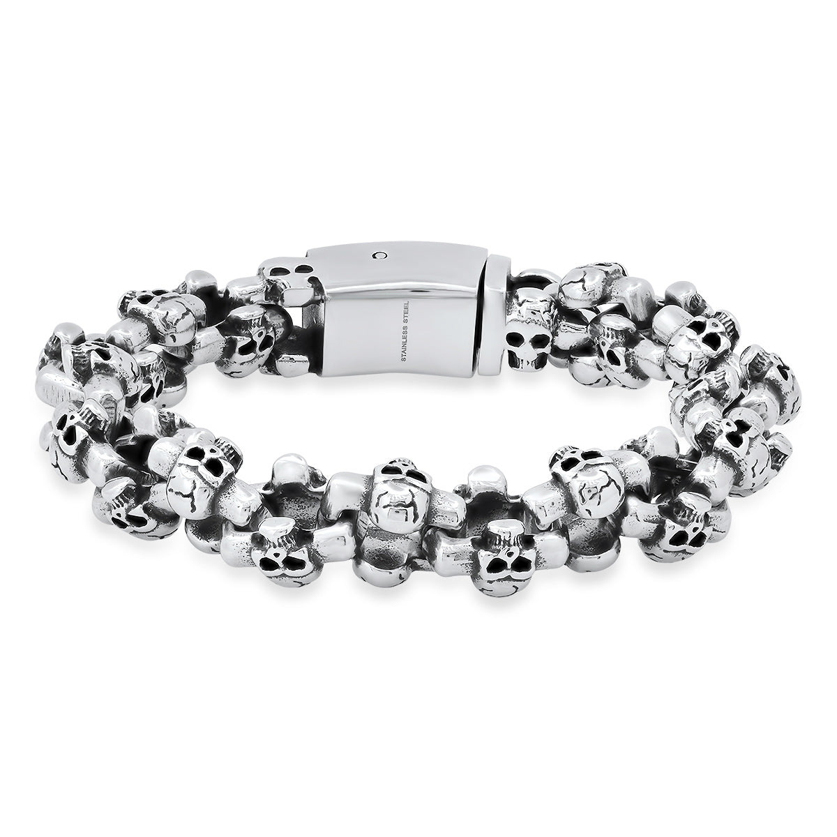 Men’s Stainless Steel Multi-Skull Link Bracelet. Heavy-Duty Biker Jewellery