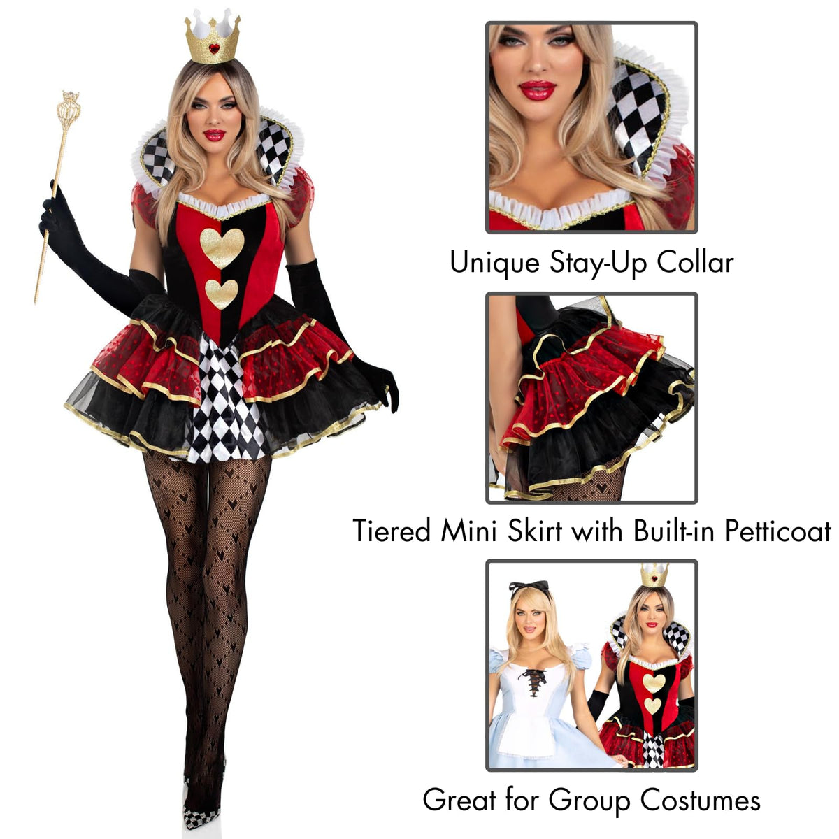 Leg Avenue Womens 2 Pc Queen of Hearts Halloween Costume for Women, Multicolor, Medium