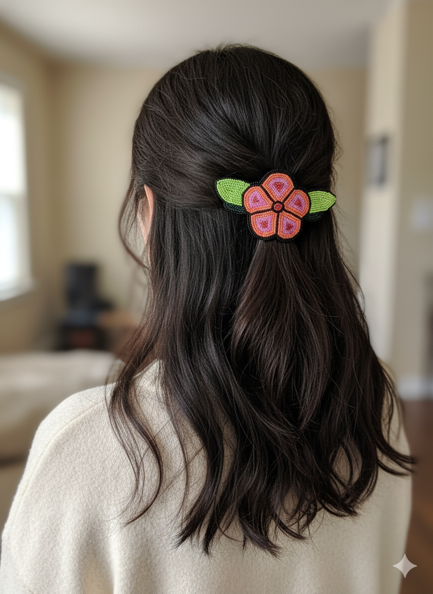Peach Beaded Flower Barrette