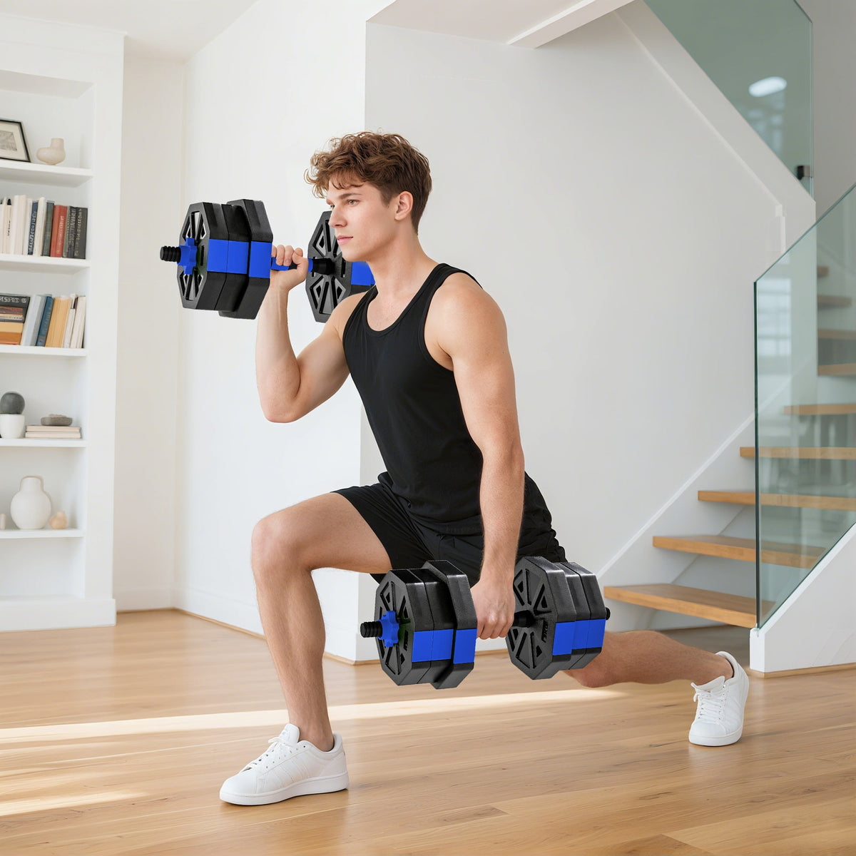 6-in-1 Adjustable Dumbbell Set, Used as Kettlebell, Barbell, Dumbbell, Push-Up Stand, 44lbs Free Weights Set, Blue
