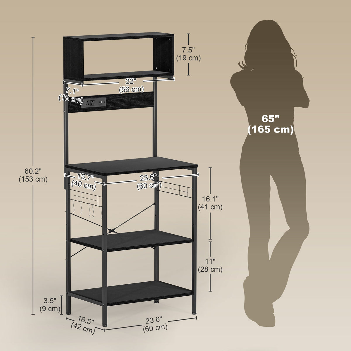 Baker's Rack with Charing Station, Microwave Shelf with Power Outlet, USB Charger and 5 Hooks, Black