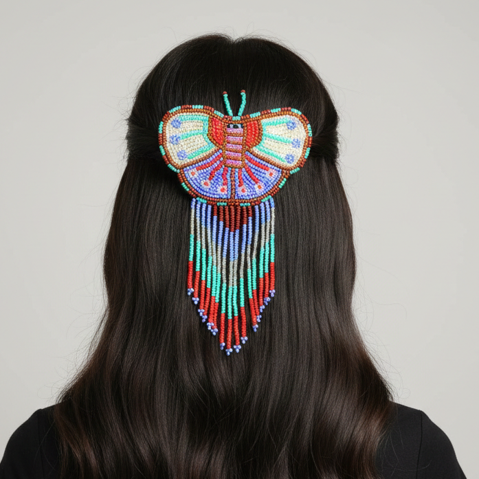 Butterfly Beaded Barrettes with Fringes White& Purple