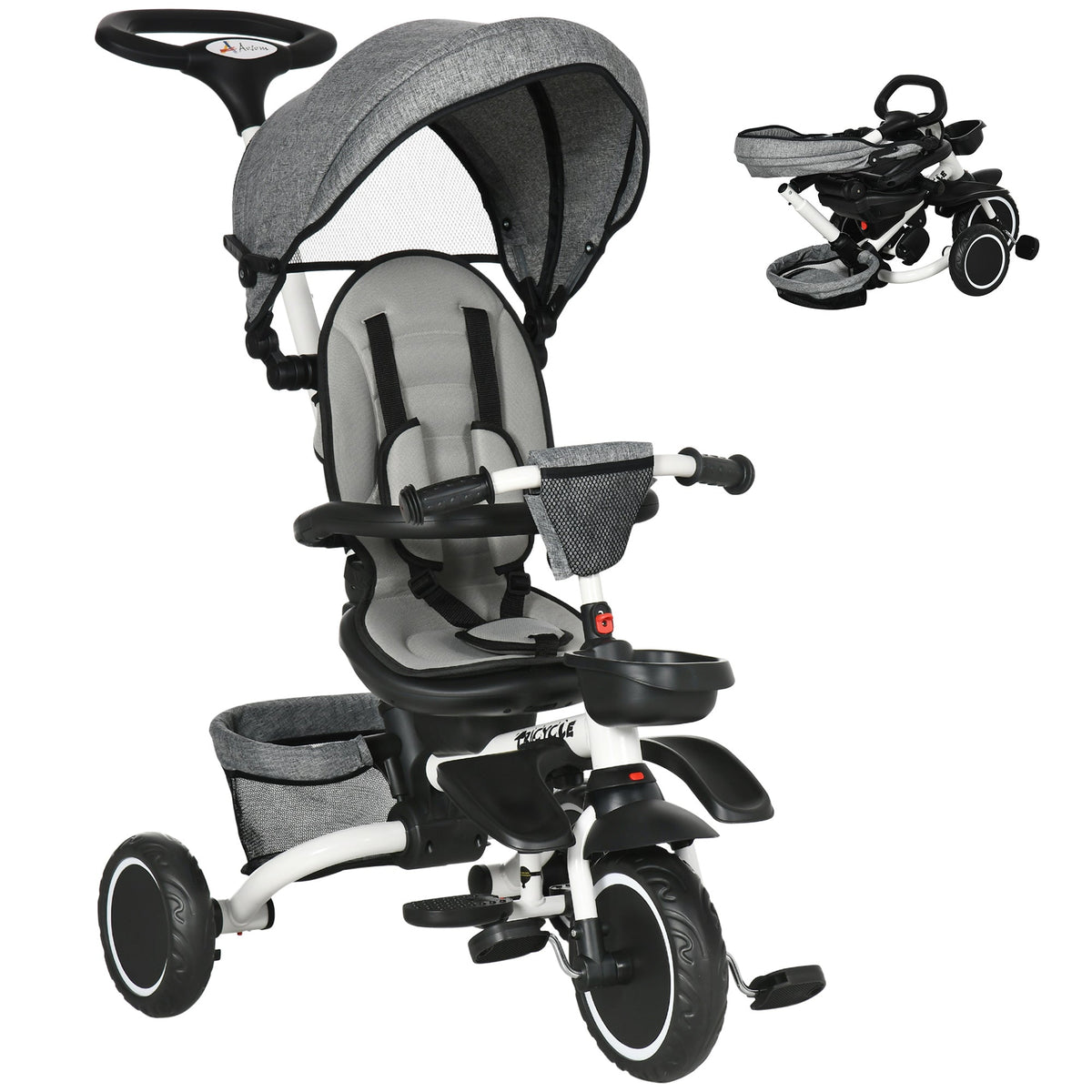 Tricycle for Toddler 6-in-1 Kids Trike, Foldable Converts Stroller to Baby Push Bike, Adjustable Backrest with Detachable Guardrail & Handle, Brake for 1-4 Years Old, Grey