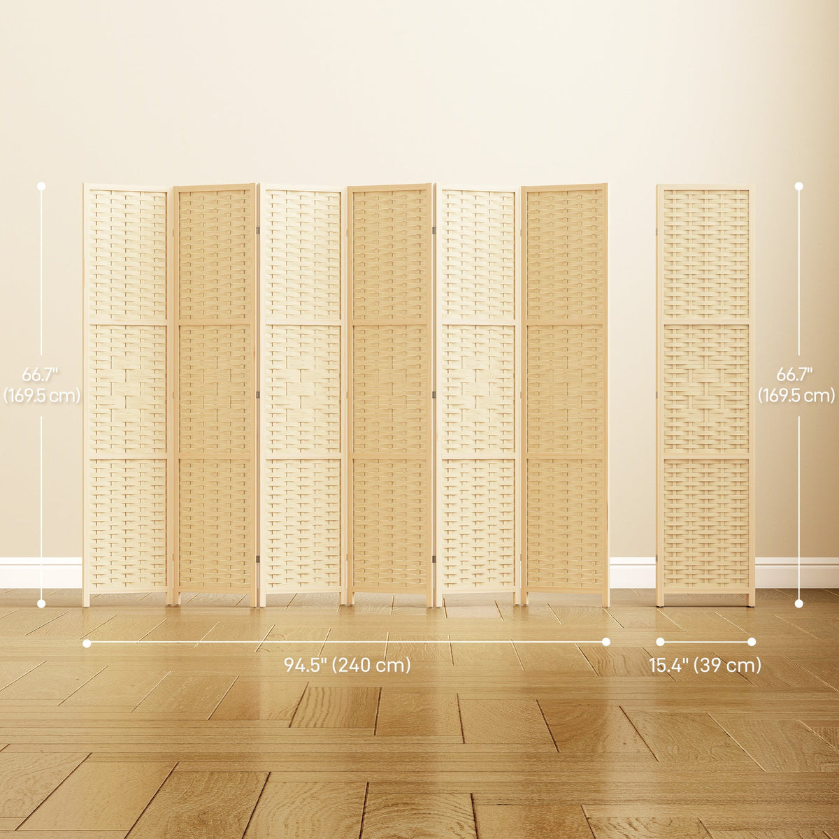 4-Panel Room Divider, 5.6 FT Bamboo Freestanding Folding Privacy Screen for Indoor Bedroom Office, Natural Wood