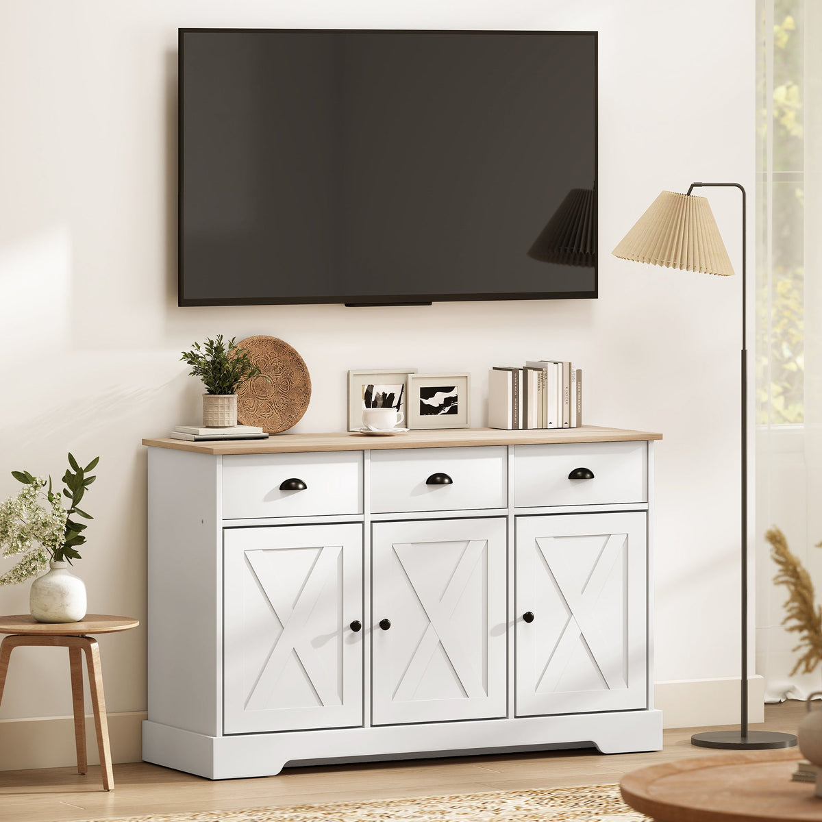 46.5" Buffet Cabinet, Farmhouse Sideboard with 3 Barn Doors and 3 Drawers for Living Room, Kitchen, Black