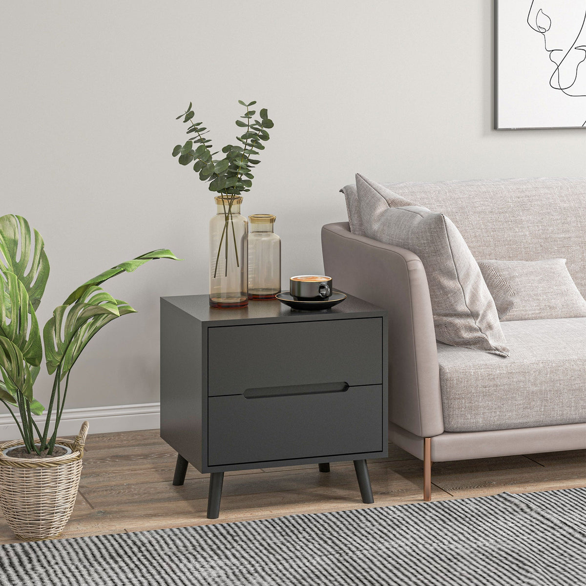 Nightstand, Bedside Table with 2 Drawers, Modern Side End Table with Solid Wood Legs for Bedroom, White