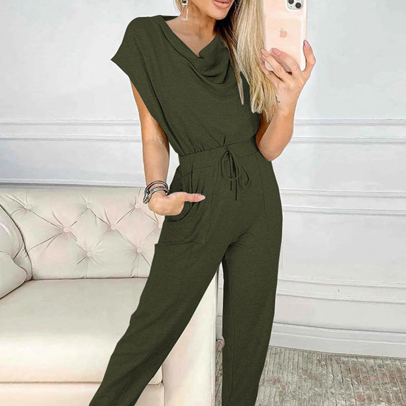 Waist-controlled Lace-up Casual Straight-leg Sleeveless Jumpsuit
