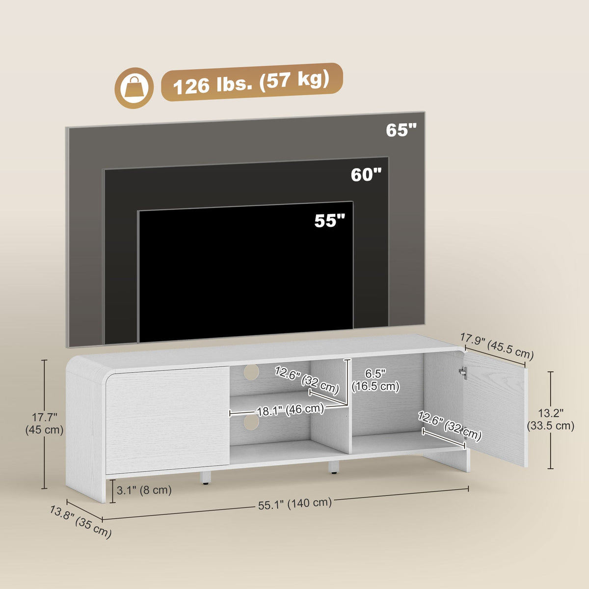 TV Stand for up to 65 Inch TV, Nordic Entertainment Center with 2 Cabinets and 2 Open Shelves for Living Room, Natural