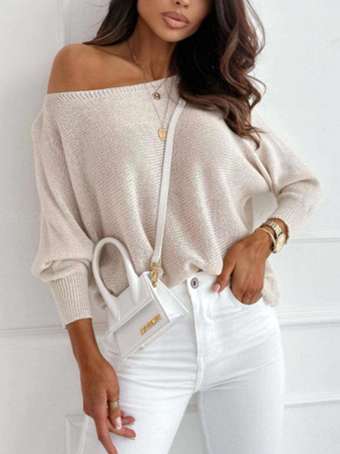 Bow Back Boat Neck Batwing Sleeve Sweater