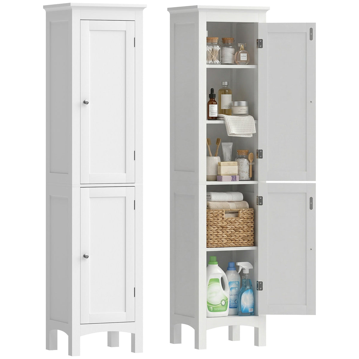 Tall Bathroom Cabinet, Freestanding Storage Organizer with Adjustable Shelves and Cupboards, 15" x 13" x 63", Black