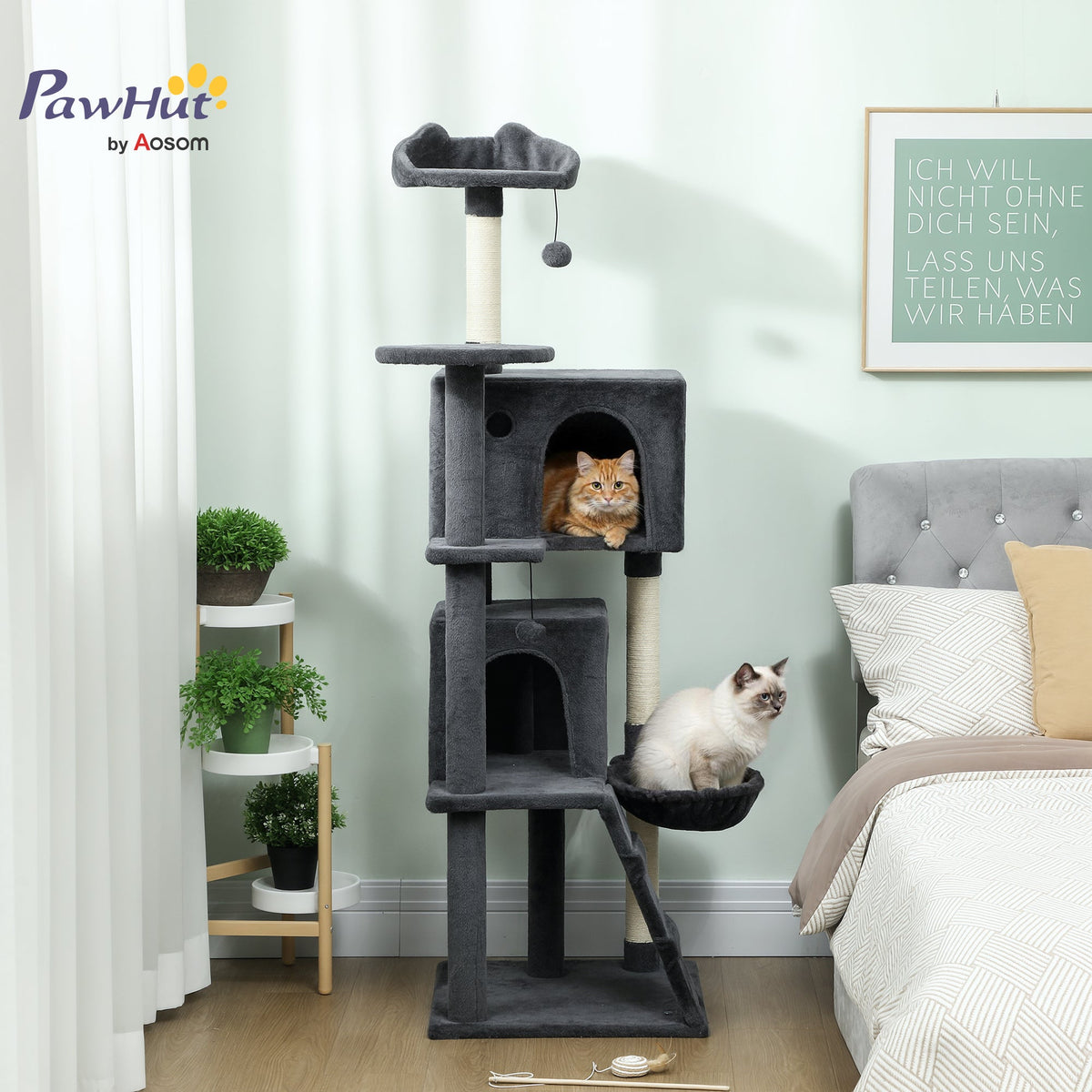 63 Inch Cat Tree with Sisal Scratching Posts, Condos, Plush Perches, Hammock, Ladder, Dangling Balls, Beige