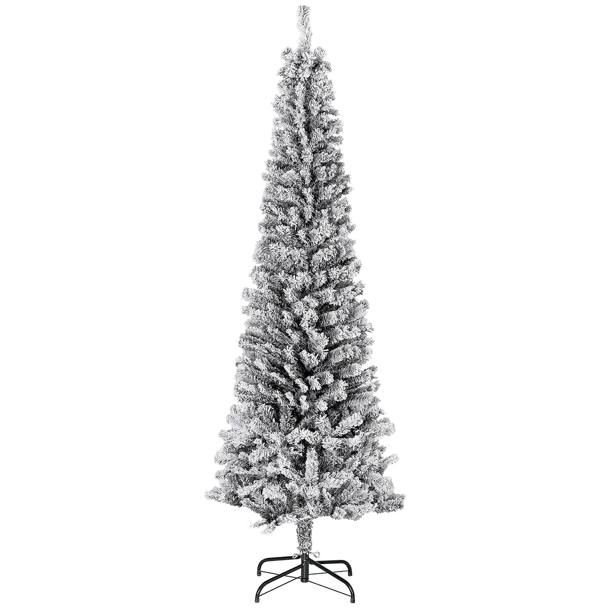 6ft Flocked Christmas Tree, Pencil Christmas Tree with Realistic Branch Tips, Folding Metal Stand, Green