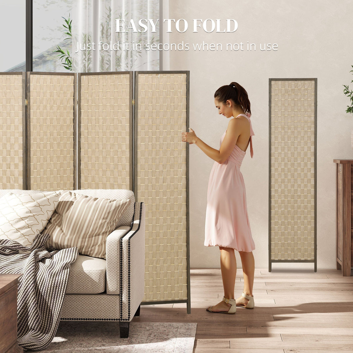6 FT Room Divider, 4 Panel Folding Privacy Screen, Lightweight Handwoven Freestanding Partition for Home Office, Brown