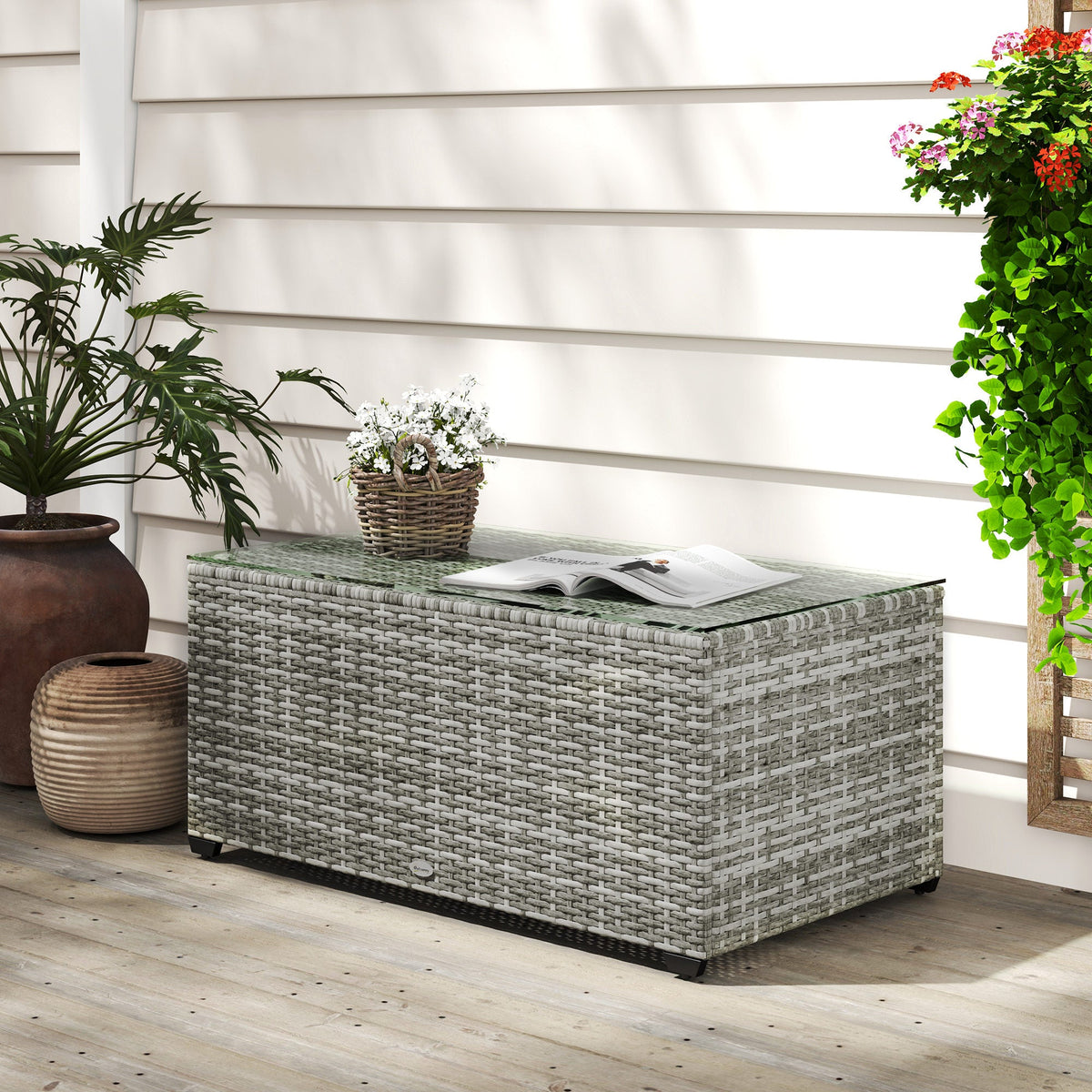 Wicker Outdoor Coffee Table, PE Wicker Rectangular Patio Table with Tempered Glass Top for Garden, Balcony, Dark Grey