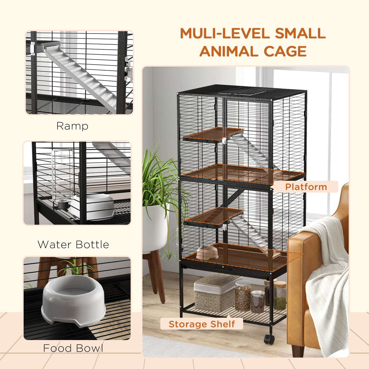 Rolling Small Animal Cage 34"H Chinchilla Cage for Ferrets, Squirrels w/ Removable Tray, Storage Shelf, Black