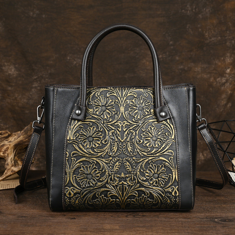 Single-shoulder Slanted-top Full-grain Leather Tote Bag With Leather Carving