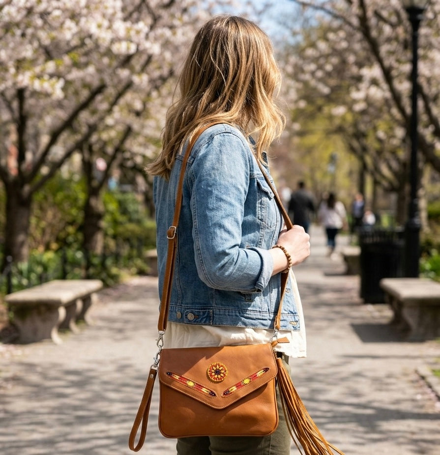 Leather beaded Crossbody bag(Brown)