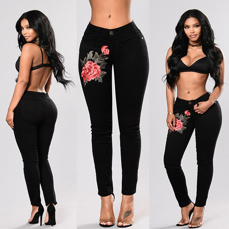 Floral Print Stretch Denim Pants
