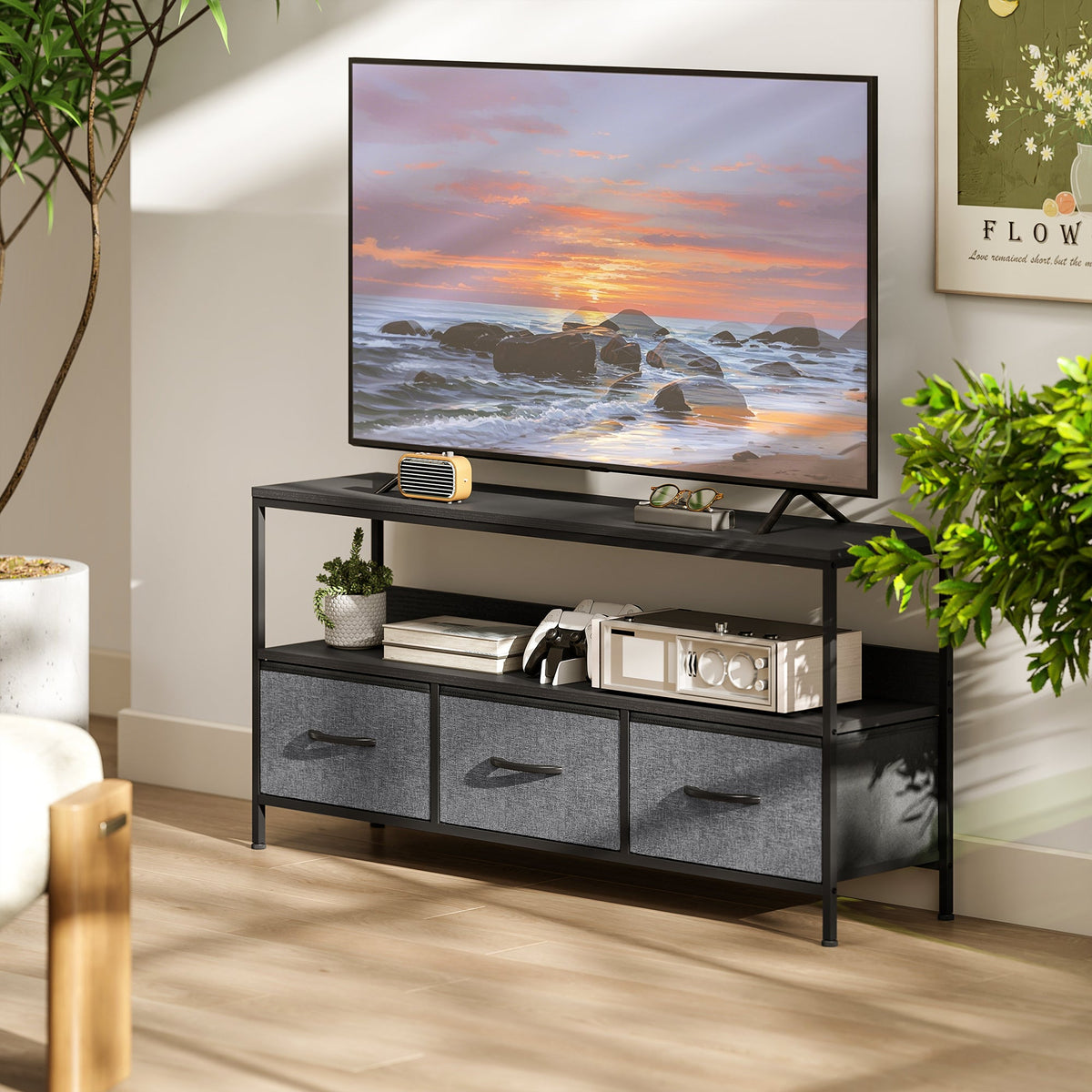 TV Stand with Charging Station, TV Table with 2 Foldable Linen Drawers and Open Shelf for 47 Inch Television, Black