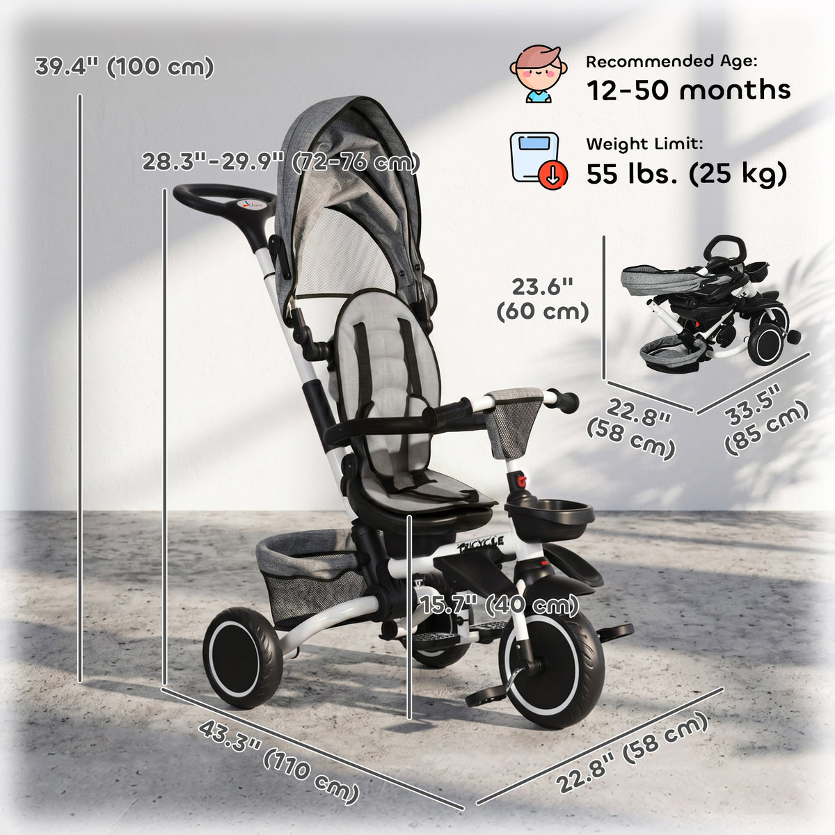 Tricycle for Toddler 6-in-1 Kids Trike, Foldable Converts Stroller to Baby Push Bike, Adjustable Backrest with Detachable Guardrail & Handle, Brake for 1-4 Years Old, Grey