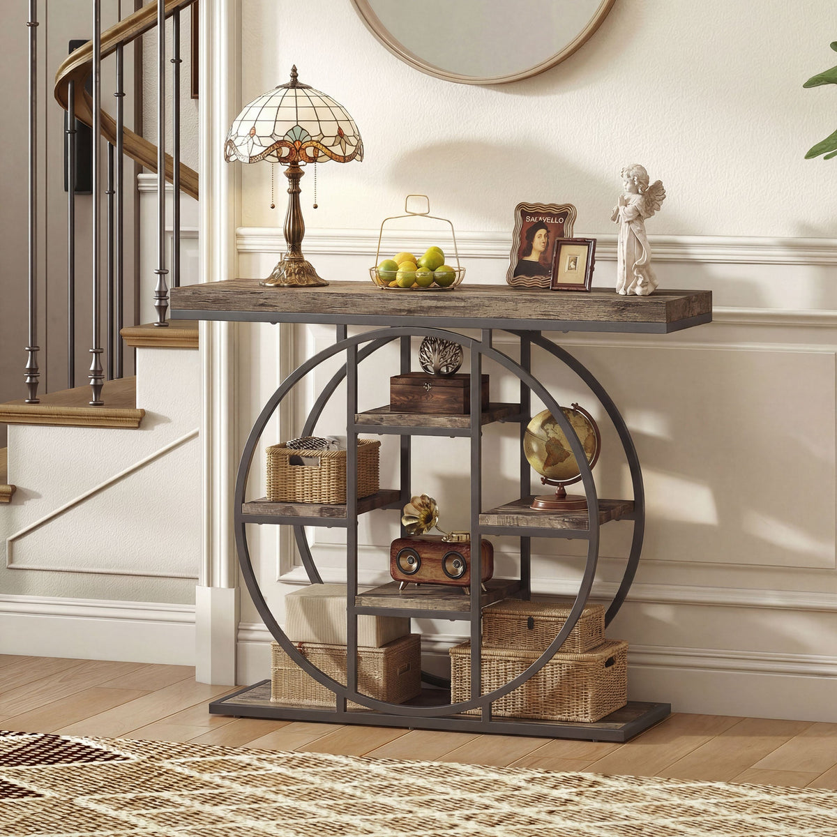 39.4" Console Table with Storage Shelves, Industrial Sofa Table for Living Room, Hallway, Rustic Brown