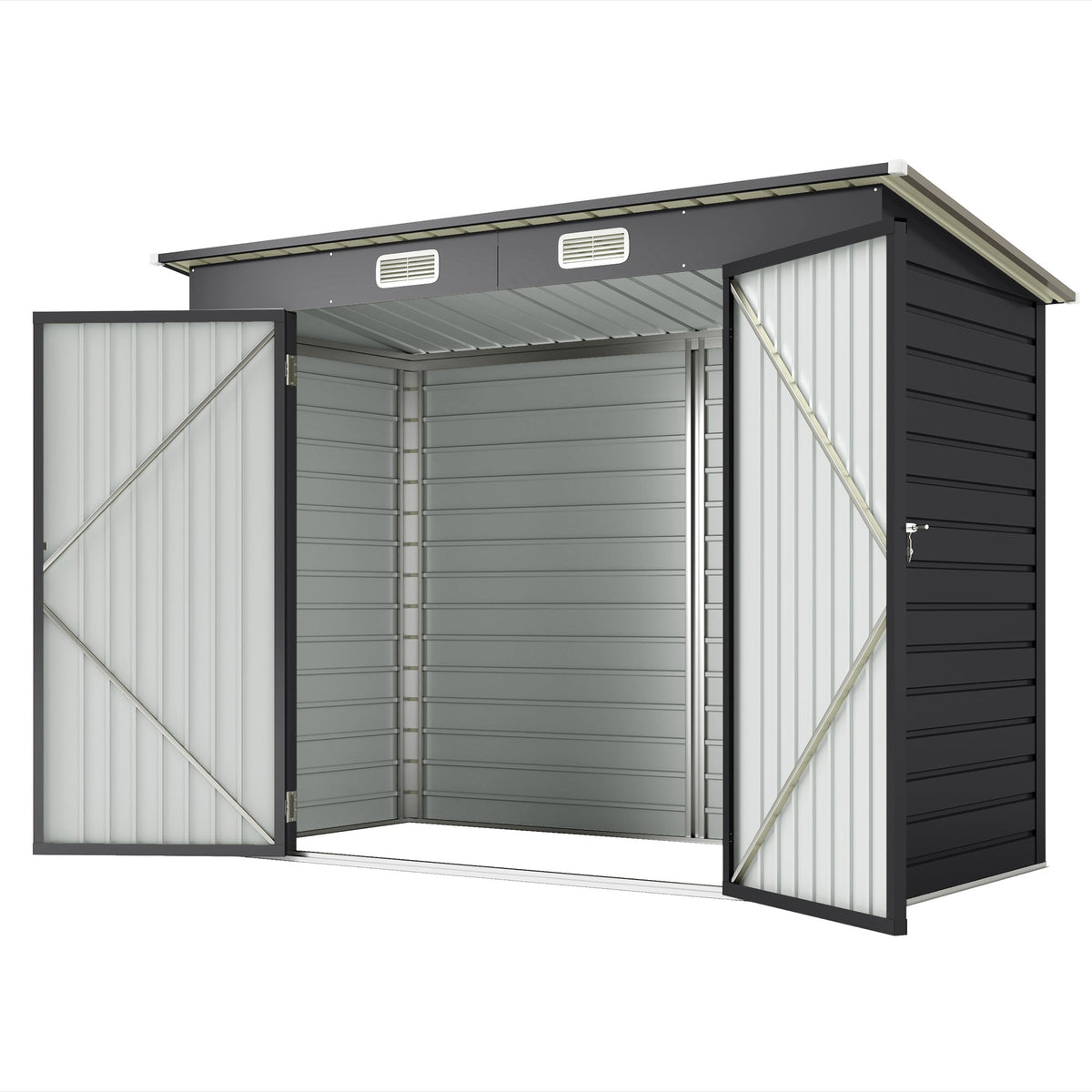 8 x 4FT Galvanized Garden Storage Shed, Metal Outdoor Shed with Double Doors and 2 Vents, Oak