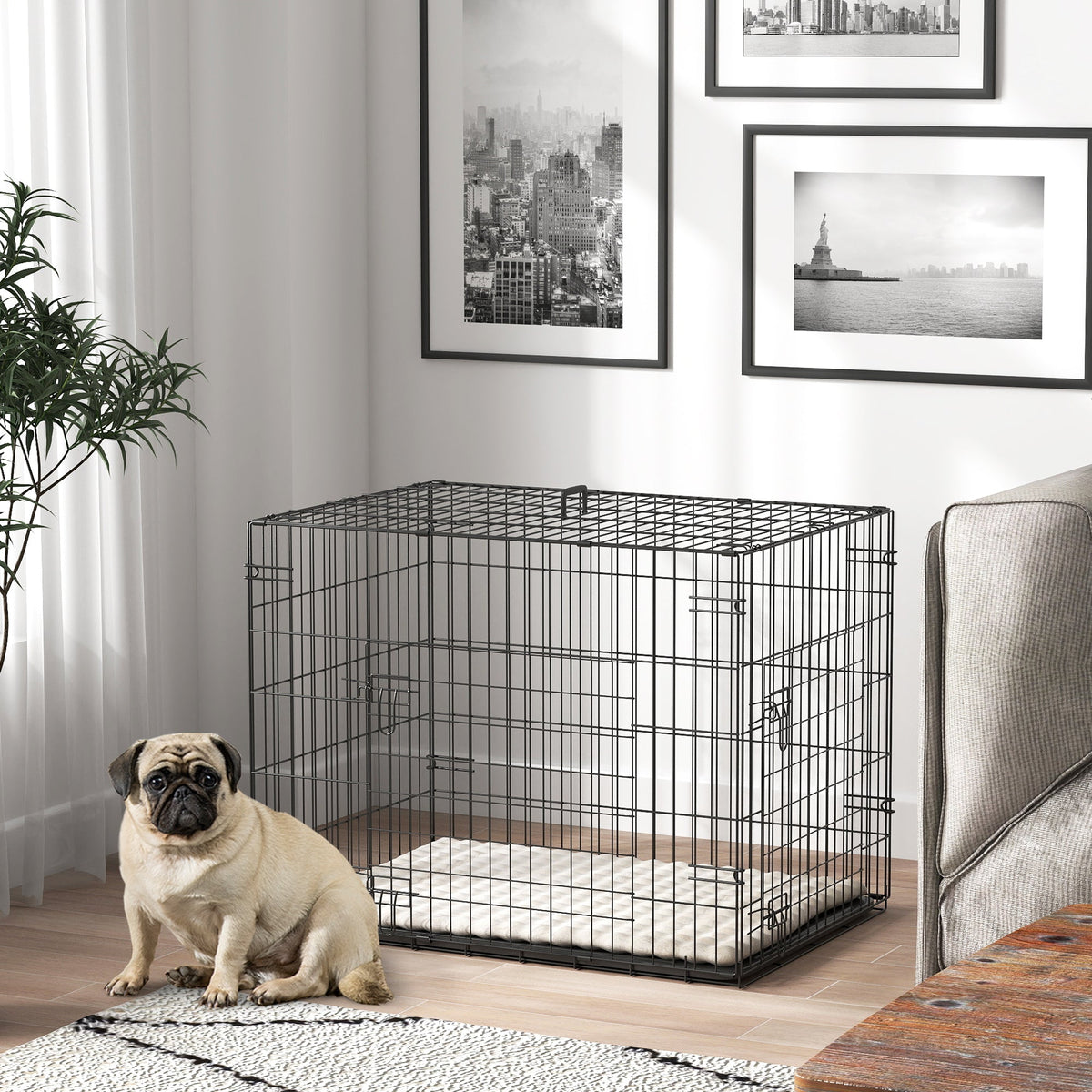 24" Dog Crate with 2 Doors, Folding Metal Dog Cage with Soft Cushion, Removable Tray, Handle for Extra Small Dogs, Black