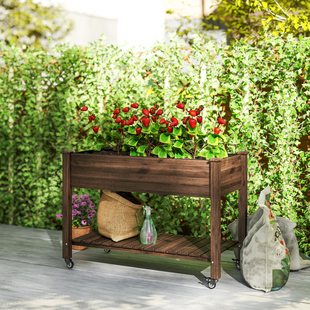 Mobile Raised Garden Bed Elevated Wood Planter Box with Lockable Wheels, Storage Shelf for Herbs Vegetables, Natural