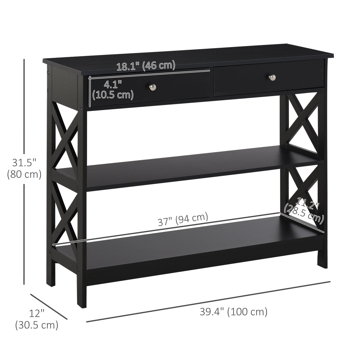 39" Console Table, Narrow Entryway Table with Storage Shelves, Drawers and X Frame for Behind Couch, Living Room, Hallway, Black