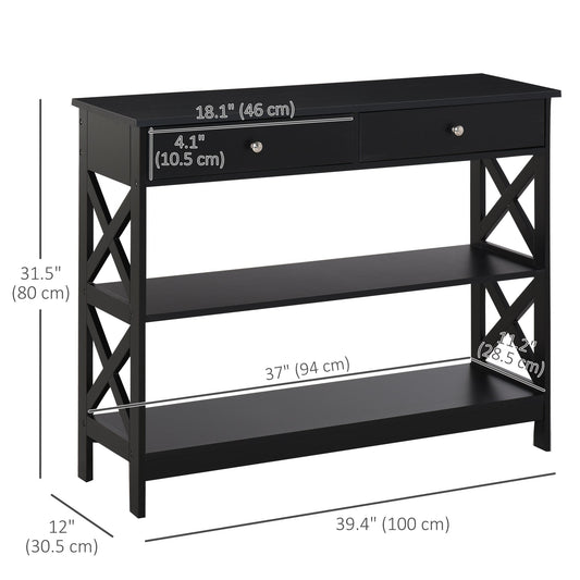 39" Console Table, Narrow Entryway Table with Storage Shelves, Drawers and X Frame for Behind Couch, Living Room, Hallway, Black