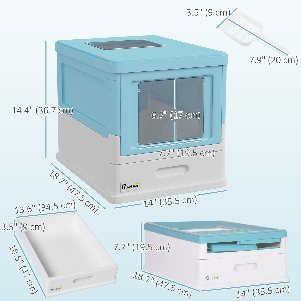 Top Entry Enclosed Kitty Litter Box with Scoop, Tray, Front Entry, Large Space, Foldable, Portable, Grey