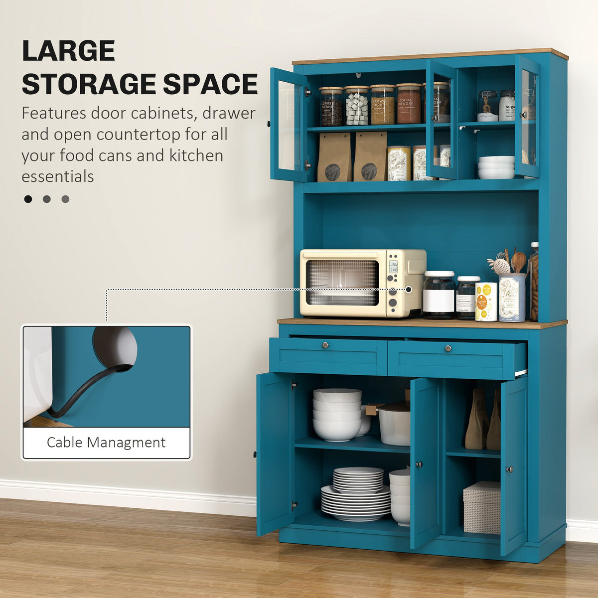 71" Pantry Cabinet with Microwave Space, Buffet with Hutch, 2 Drawers, Adjustable Shelves and Glass Doors, Blue