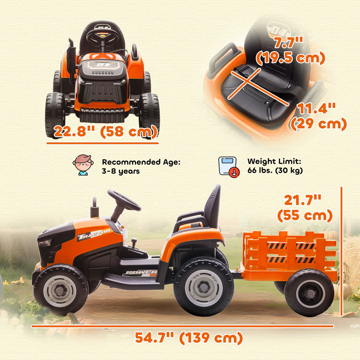 12V Kids Ride On Tractor with Trailor, Remote Control, Music, Lights, Shifter, for Kids Ages 3-8 Years, Blue